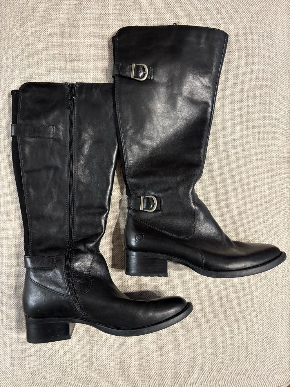 Born Black Leather Riding Boots Women’s 6.5M Tall Buckle Side Zip